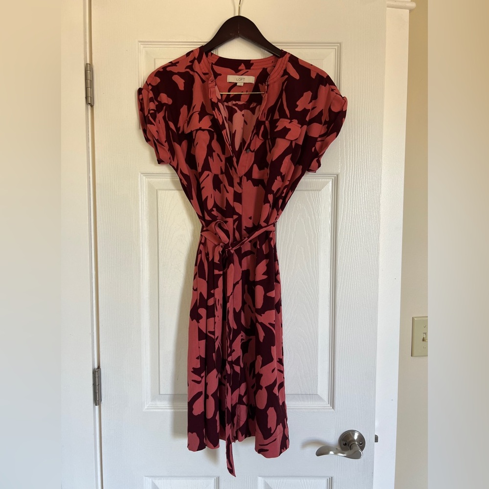 LOFT Burgundy and Pink Floral Maxi Shirt Dress